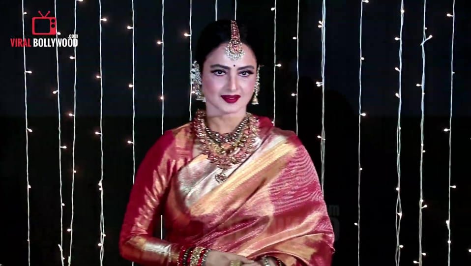 Celebrity Makeup Of Rekha From Celeb Spotting Grand Reception Party 2018 Charmboard Maroon lipstick and cat eyes look. saree