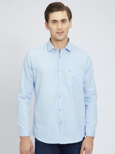 brown chinos blue shirt