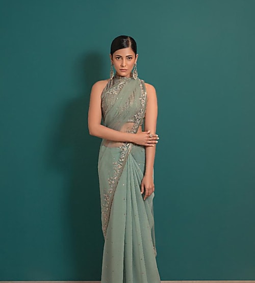 lipstick on green saree
